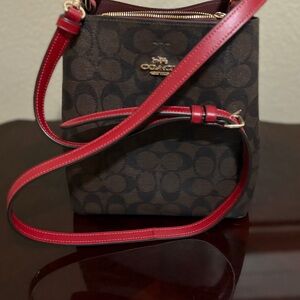 Coach Signature Brown and Red Crossbody Bag with Gold Hardware
